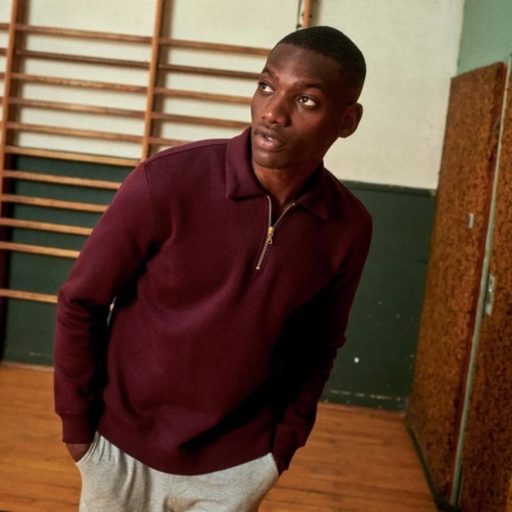 Octobre Editions Sezane Men’s Nichols Burgundy Exposed Quarter Zip Sweatshirt - Picture 3 of 11
